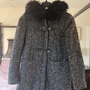 CALVIN KLEIN Women size XSMALL (XS) Wool Duffle Coat Faux Fur Trim Hood Buckle